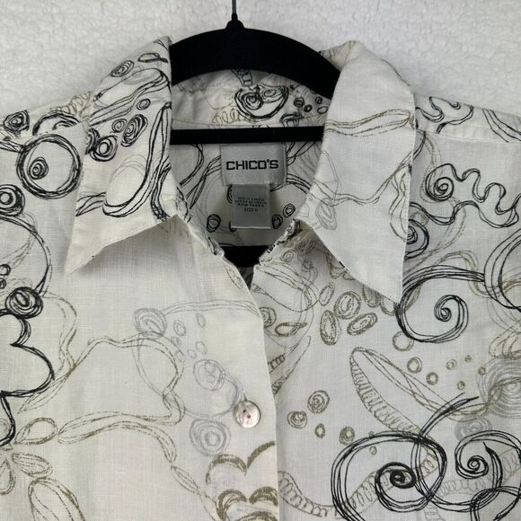 2/$30 Chicos 100% Linen Button Down Shirt Size S Floral Whimsical Oversized Boho - Picture 9 of 11
